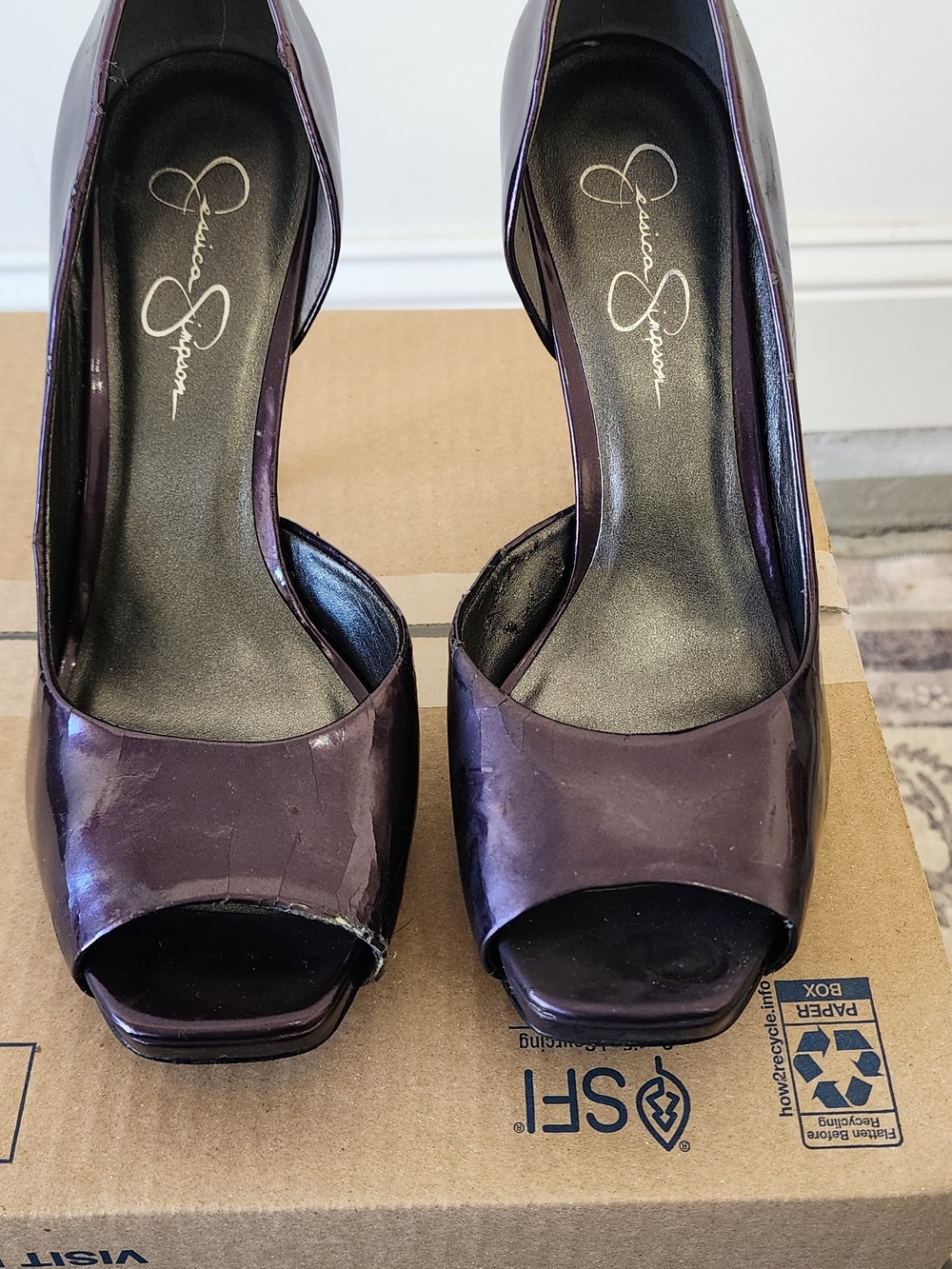 Jessica Simpson Glossy Plum Peep-Toe Heels